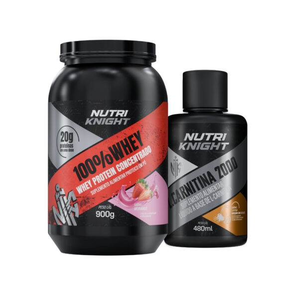 Kit 100% Whey Protein Concentrado 900g - Morango + L-Carnitina 2000 - Laranja Nutriknight