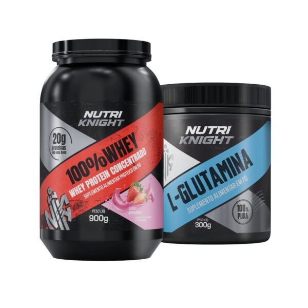 Kit 100% Whey Protein Concentrado 900g - Morango+ L-Glutamina 300g Nutriknight