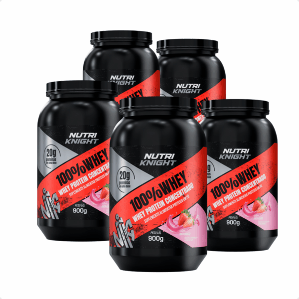 Kit 5 100% Whey Protein Concentrado 900g - Morango Nutriknight