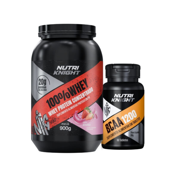 Kit BCAA 1200 60 Tabletes + Whey Protein 900g - Morango Nutriknight