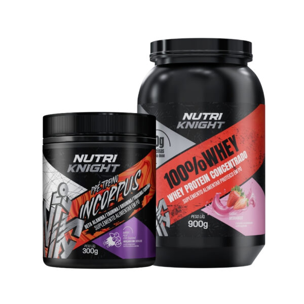 Kit Pré-Treino 300g - Açaí com Guaraná + Whey Protein 900g - Morango Nutriknight